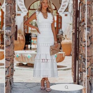 Vici Sacha Cotton Linen Crochet Tiered Midi Dress